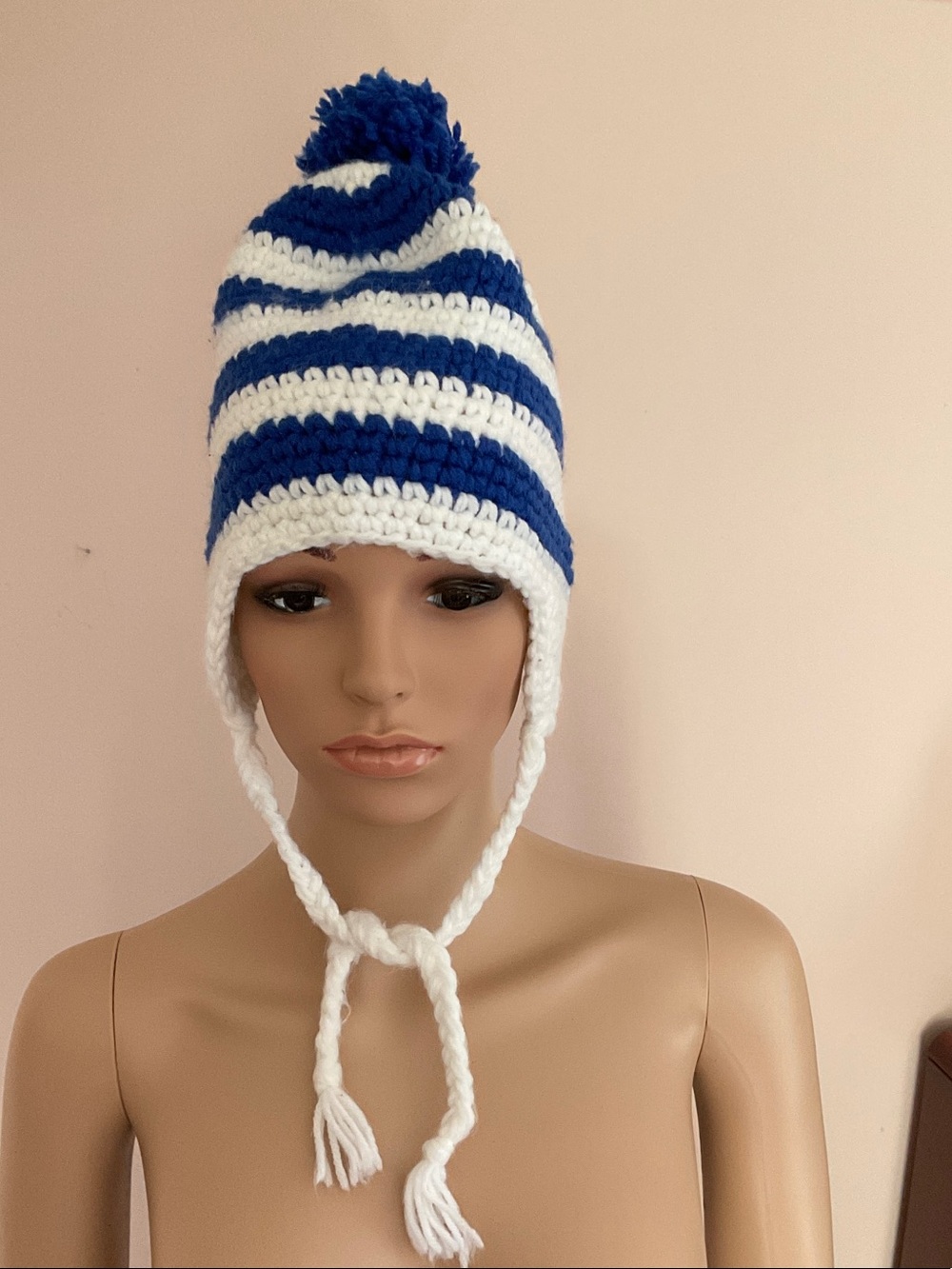 Handmade Striped Pom Pom Earflap Beanie - Blue & White